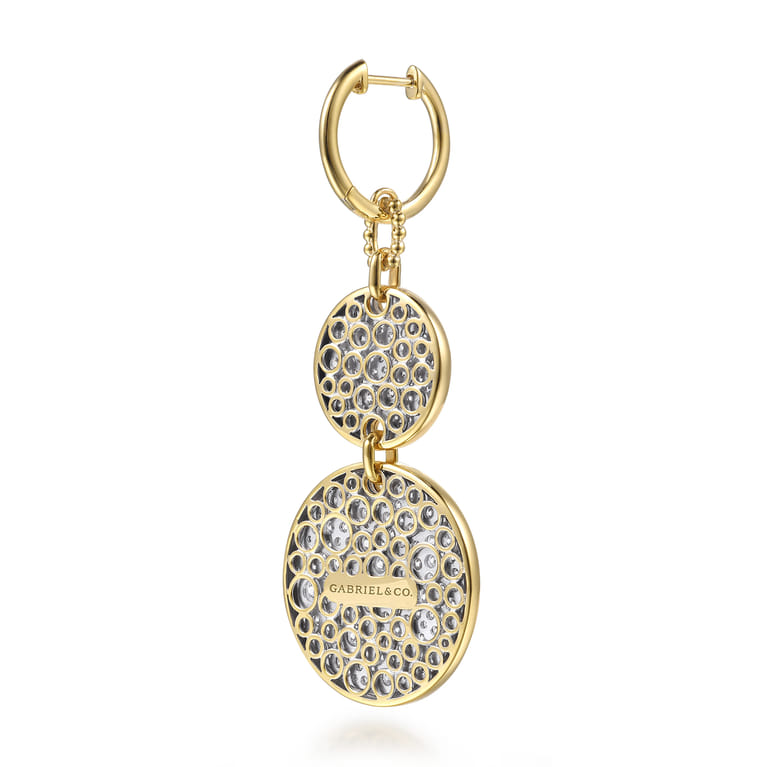 Bujukan Pave - 14K White  Yellow Gold Bujukan and Diamond Huggie Drop Double Disk Earrings - 4.65 ct - Shot 2