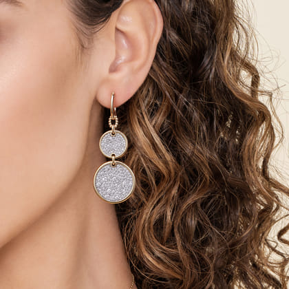 Bujukan Pave - 14K White  Yellow Gold Bujukan and Diamond Huggie Drop Double Disk Earrings