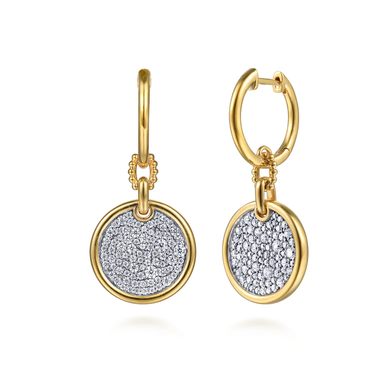 Bujukan Pave - 14K White  Yellow Gold Bujukan and Diamond Huggie Drop Earrings - 1.15 ct - Shot 1