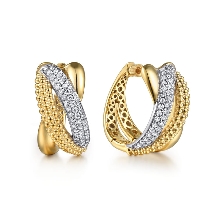 Bujukan Pave - 14K White  Yellow Gold Bujukan and Diamond Intricate Hoop Earrings - 0.7 ct - Shot 1