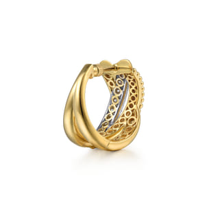 Bujukan Pave - 14K White  Yellow Gold Bujukan and Diamond Intricate Hoop Earrings