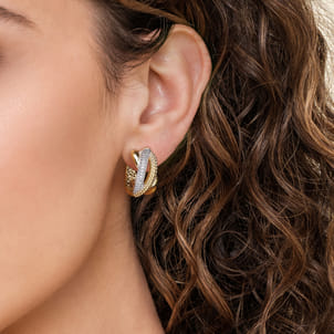 Bujukan Pave - 14K White  Yellow Gold Bujukan and Diamond Intricate Hoop Earrings