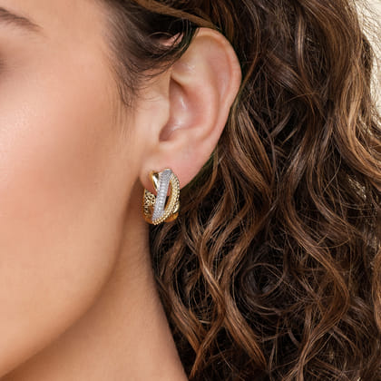 Bujukan Pave - 14K White  Yellow Gold Bujukan and Diamond Intricate Hoop Earrings