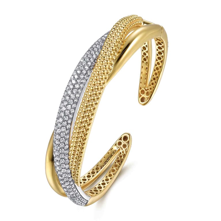 Bujukan Pave - 14K White Yellow Gold Bujukan and Diamond Split Bangle Bracelet - 2.9 ct - Shot 2