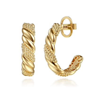 Bujukan Pave - 14K Yellow Plain Gold Bujukan J Hoop Stud Earrings