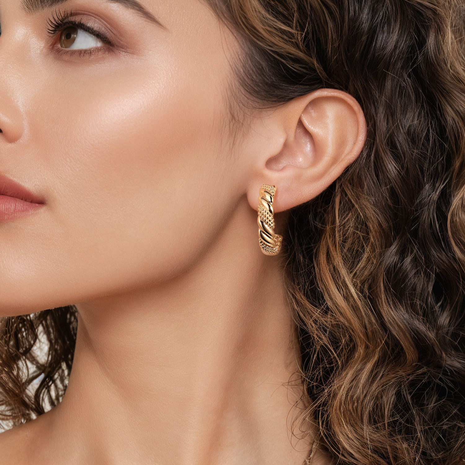 Bujukan Pave - 14K Yellow Plain Gold Bujukan J Hoop Stud Earrings