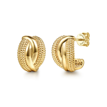 Bujukan Pave - 14K Yellow Plain Gold Bujukan Wrap J Hoop Stud Earrings