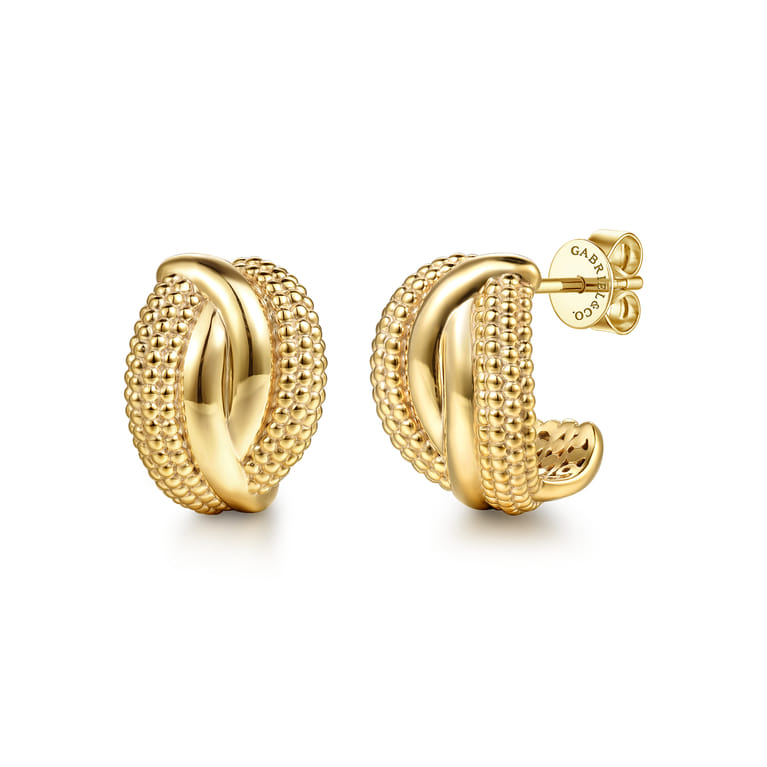 Bujukan Pave - 14K Yellow Plain Gold Bujukan Wrap J Hoop Stud Earrings - Shot 1