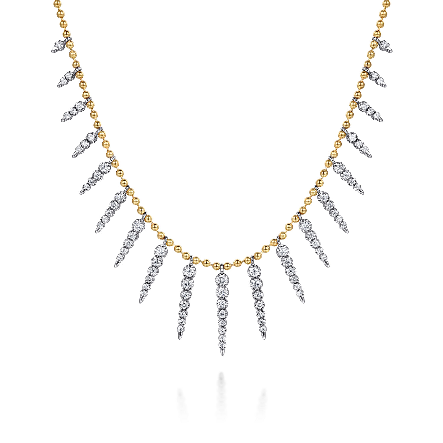 Bujukan Punk - 14K White  Yellow Gold Bead Chain Bujukan and Diamond Spike Droplet Necklace