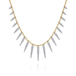 14K White & Yellow Gold Bead Chain Bujukan and Diamond Spike Droplet Necklace