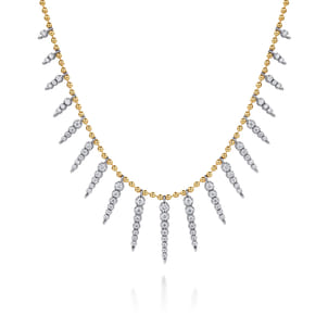 Bujukan Punk - 14K White  Yellow Gold Bead Chain Bujukan and Diamond Spike Droplet Necklace