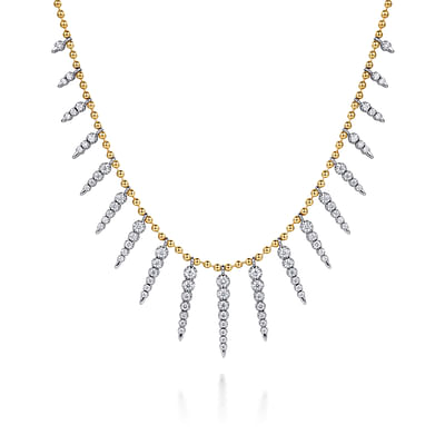 Bujukan Punk - 14K White  Yellow Gold Bead Chain Bujukan and Diamond Spike Droplet Necklace