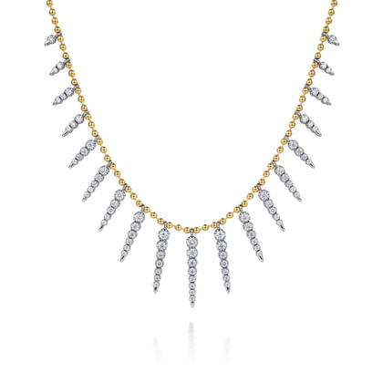 Bujukan Punk - 14K White  Yellow Gold Bead Chain Bujukan and Diamond Spike Droplet Necklace