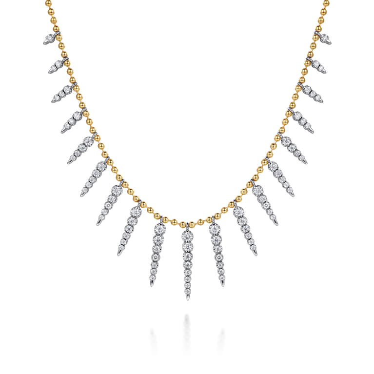 Bujukan Punk - 14K White  Yellow Gold Bead Chain Bujukan and Diamond Spike Droplet Necklace - 1.5 ct - Shot 1