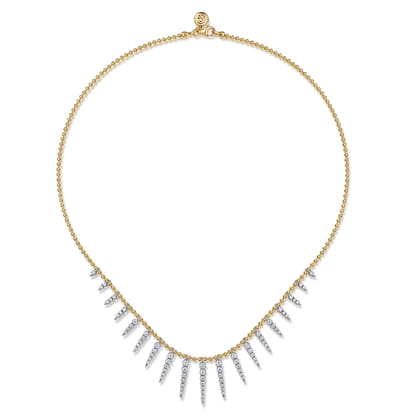 Bujukan Punk - 14K White  Yellow Gold Bead Chain Bujukan and Diamond Spike Droplet Necklace