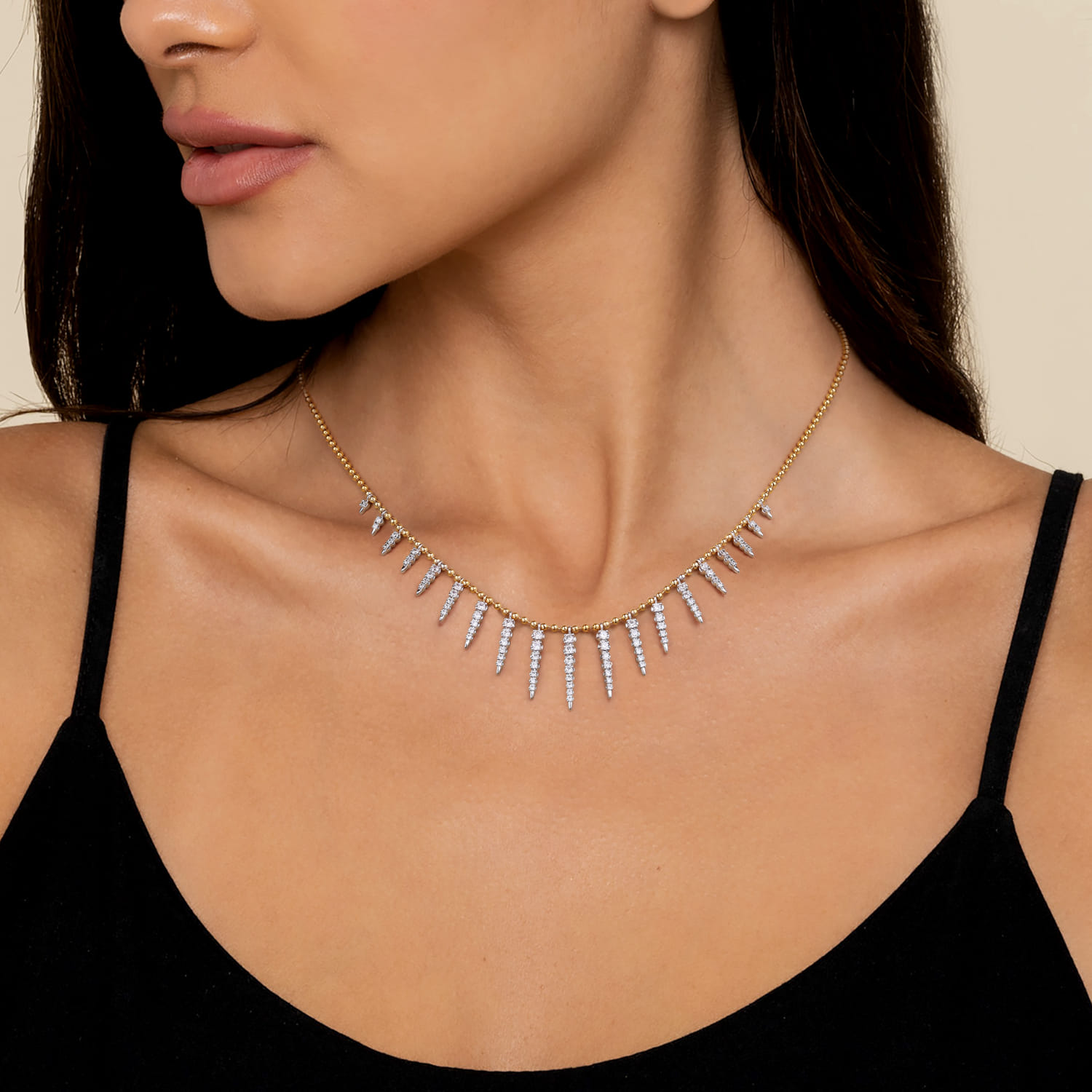 Bujukan Punk - 14K White  Yellow Gold Bead Chain Bujukan and Diamond Spike Droplet Necklace