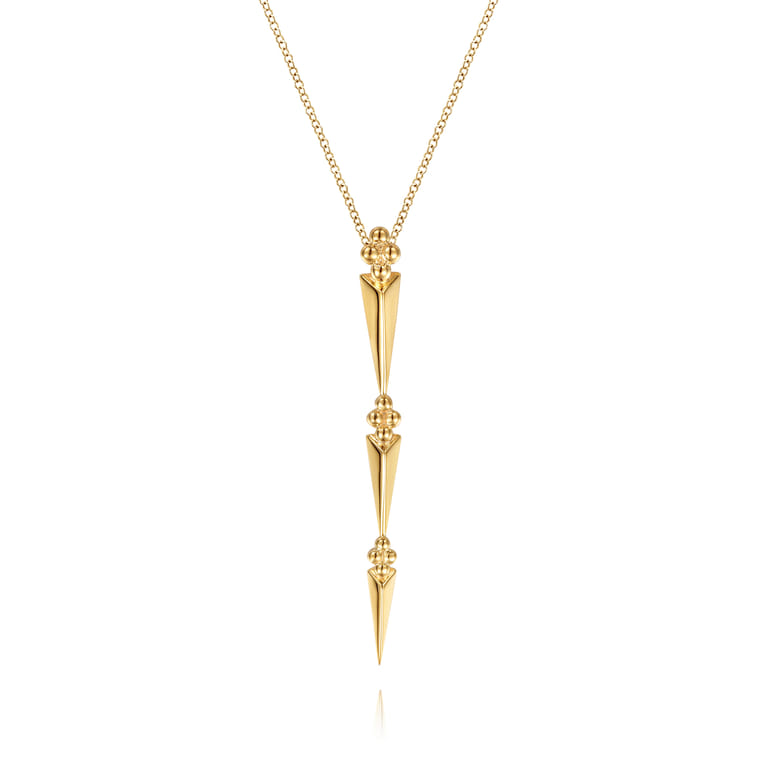Bujukan Punk - 14K Yellow Gold Bujukan Clover and Graduating Triangle Pyramid Drop Necklace - Shot 1