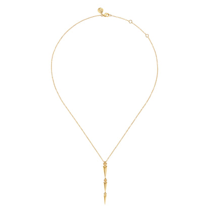 Bujukan Punk - 14K Yellow Gold Bujukan Clover and Graduating Triangle Pyramid Drop Necklace