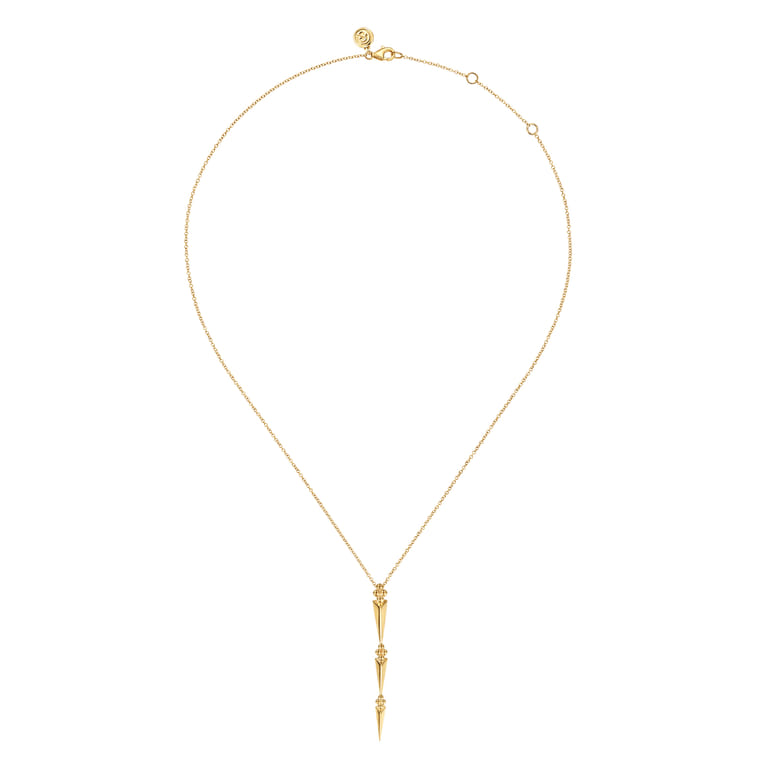 Bujukan Punk - 14K Yellow Gold Bujukan Clover and Graduating Triangle Pyramid Drop Necklace - Shot 2