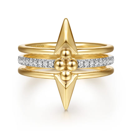 Bujukan Punk - 14K Yellow Gold Bujukan Clover and Triangle Pyramid Diamond Easy Stackable Ring