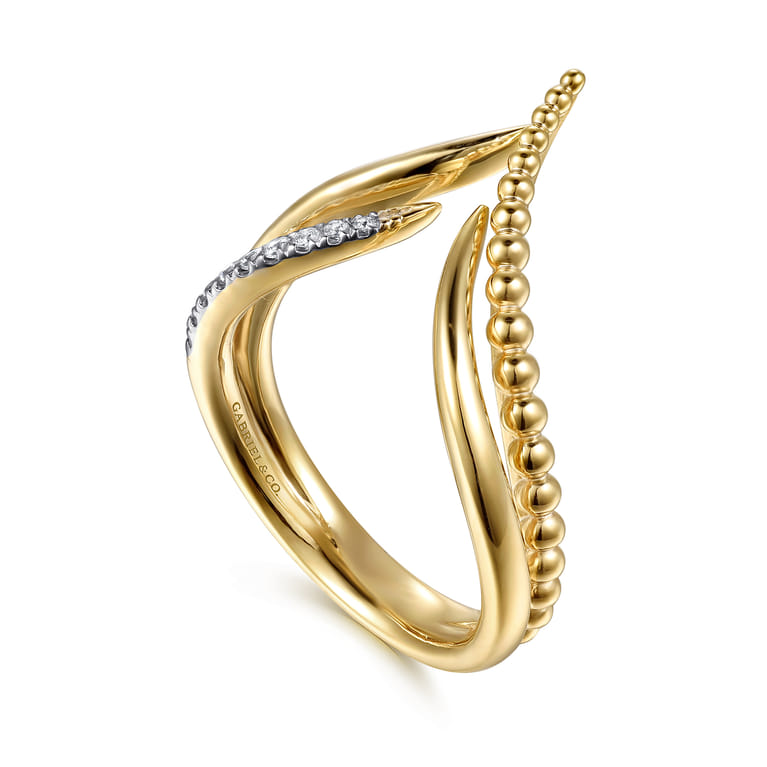 Bujukan Punk - 14K Yellow Gold Bujukan and Diamond Double Row Chevron Spike Ring - 0.08 ct - Shot 3