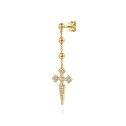 Bujukan Punk - 14K Yellow Gold Bujukan and Pave Diamond Cross Stud Drop Single Earring