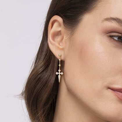 Bujukan Punk - 14K Yellow Gold Bujukan and Pave Diamond Cross Stud Drop Single Earring