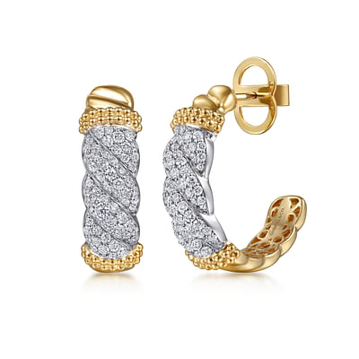 Bujukan-Retro - 14K White  Yellow Gold Bujukan Diamond J Hoop Stud Earrings