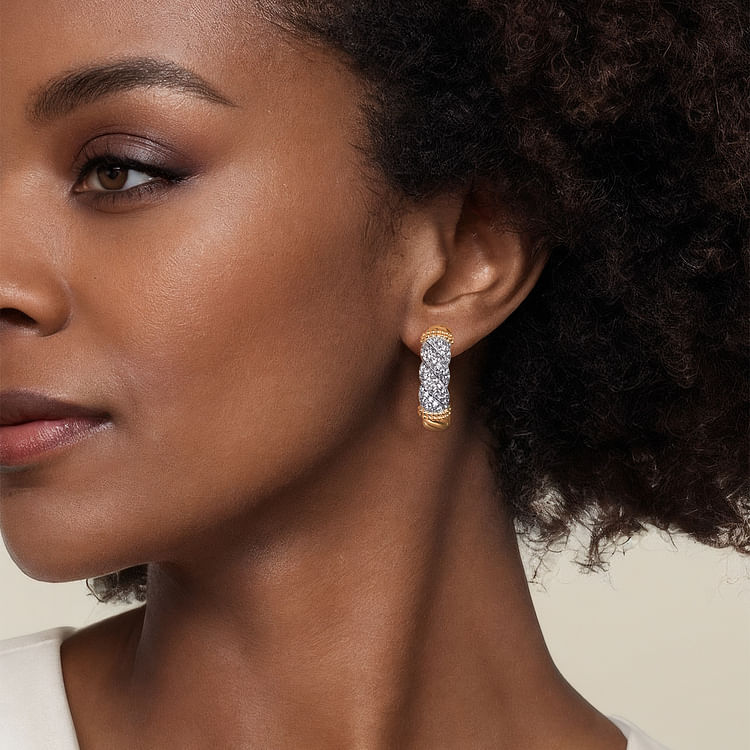 Bujukan-Retro - 14K White  Yellow Gold Bujukan Diamond J Hoop Stud Earrings