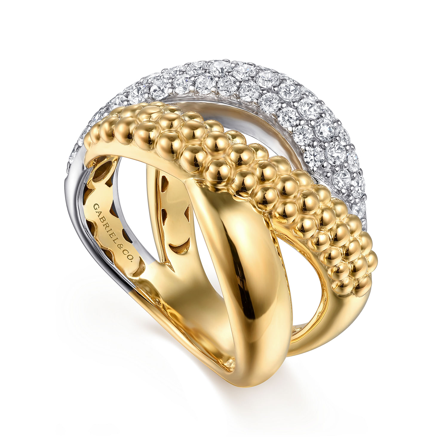 Bujukan-Retro - 14K White  Yellow Gold Bujukan and Diamond Criss Cross Ring