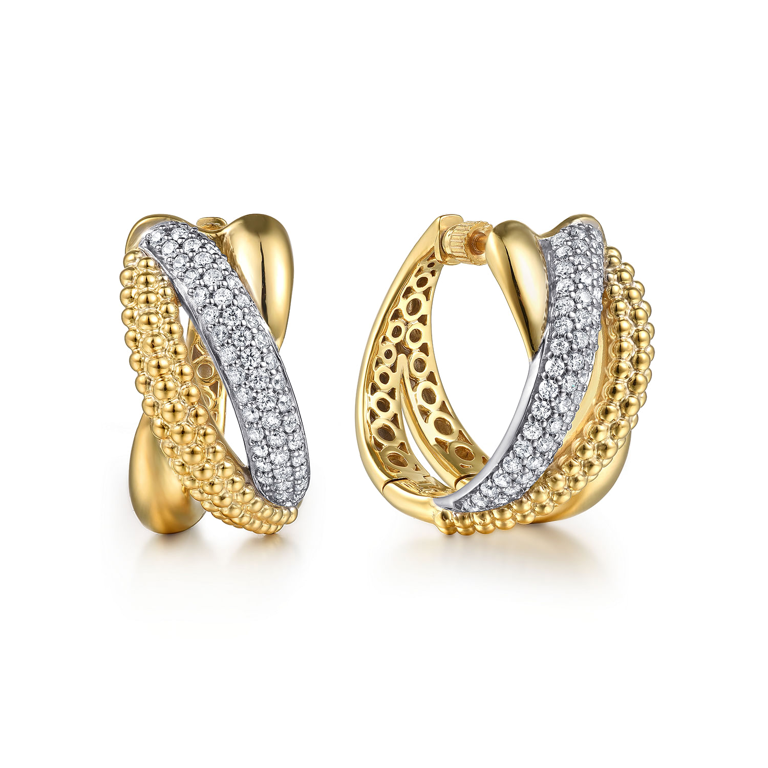 Bujukan-Retro - 14K White  Yellow Gold Bujukan and Diamond Intricate Hoop Earrings
