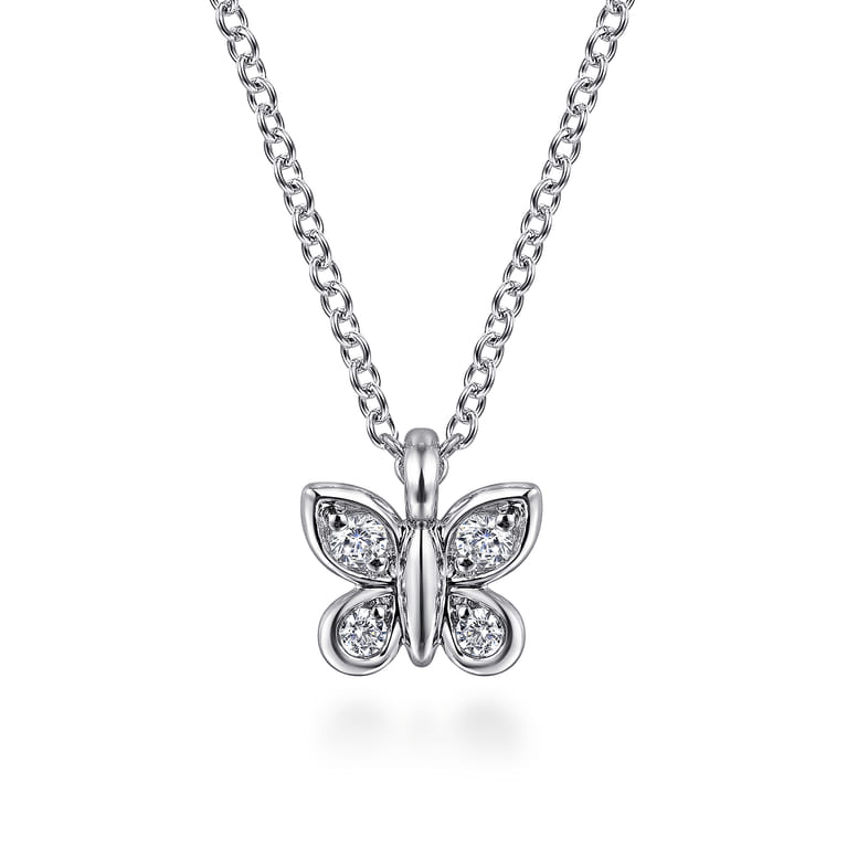 Butterfly - 14K White Gold Diamond Butterfly Pendant Necklace - 0.07 ct - Shot 1
