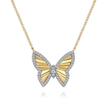 Butterfly - 14K White  Yellow Gold Diamond Butterfly Necklace