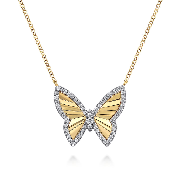 Butterfly - 14K White  Yellow Gold Diamond Butterfly Necklace - 0.25 ct - Shot 1