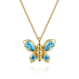 Butterfly - 14K Yellow Gold Blue Topaz Butterfly Pendant Necklace