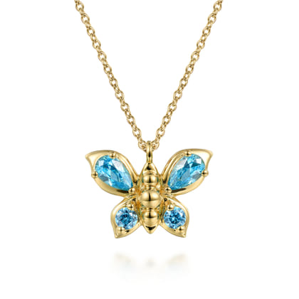 Butterfly - 14K Yellow Gold Blue Topaz Butterfly Pendant Necklace