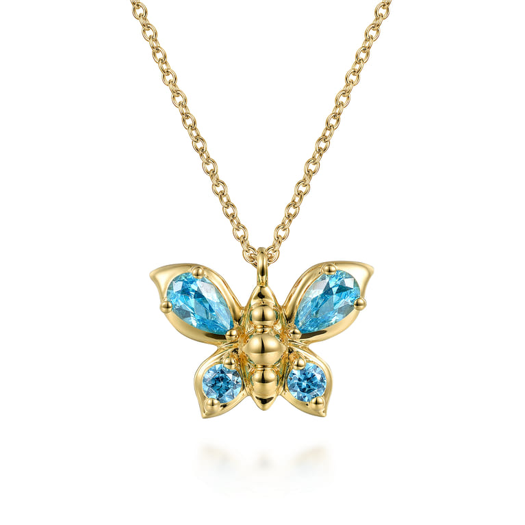 Butterfly - 14K Yellow Gold Blue Topaz Butterfly Pendant Necklace - Shot 1