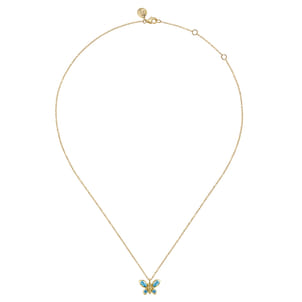 Butterfly - 14K Yellow Gold Blue Topaz Butterfly Pendant Necklace
