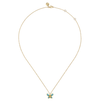 Butterfly - 14K Yellow Gold Blue Topaz Butterfly Pendant Necklace