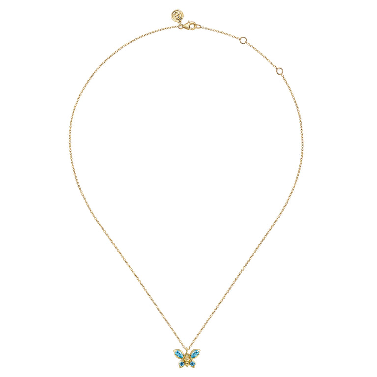 Butterfly - 14K Yellow Gold Blue Topaz Butterfly Pendant Necklace - Shot 2