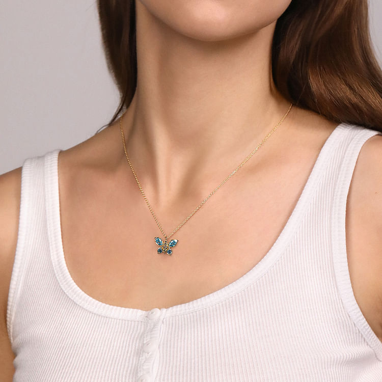 Butterfly - 14K Yellow Gold Blue Topaz Butterfly Pendant Necklace