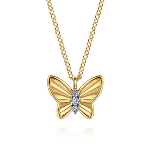 Butterfly - 14K Yellow Gold Butterfly Necklace With Diamond Cut Finish And Graduating Diamonds.