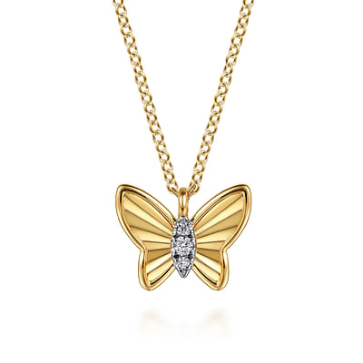 Butterfly - 14K Yellow Gold Butterfly Necklace With Diamond Cut Finish And Graduating Diamonds