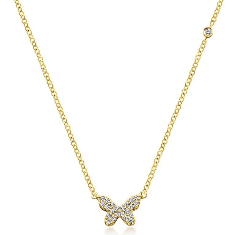 Butterfly - 14K Yellow Gold Diamond Butterfly Pendant Necklace - 0.13 ct - Shot 1