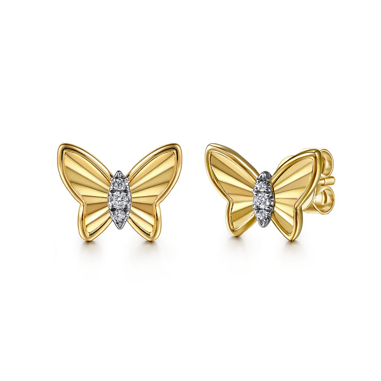 Butterfly - 14K Yellow Gold Diamond Butterfly Stud Earrings - 0.06 ct - Shot 1