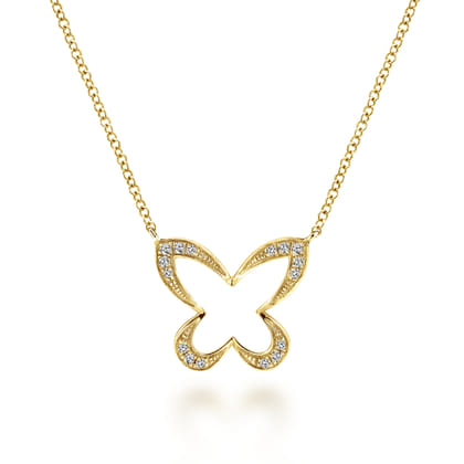 Butterfly - 18 inch 14K Yellow Gold Open Diamond Butterfly Pendant Necklace