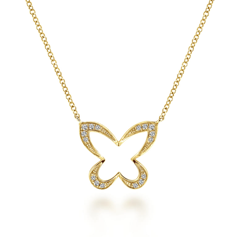 Butterfly - 18 inch 14K Yellow Gold Open Diamond Butterfly Pendant Necklace - 0.07 ct - Shot 1