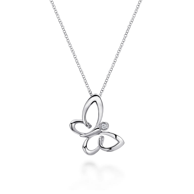 Butterfly - 18 inch 925 Sterling Silver White Sapphire Sideways Butterfly Pendant Necklace - Shot 1