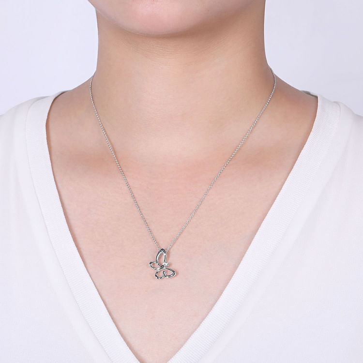 Butterfly - 18 inch 925 Sterling Silver White Sapphire Sideways Butterfly Pendant Necklace