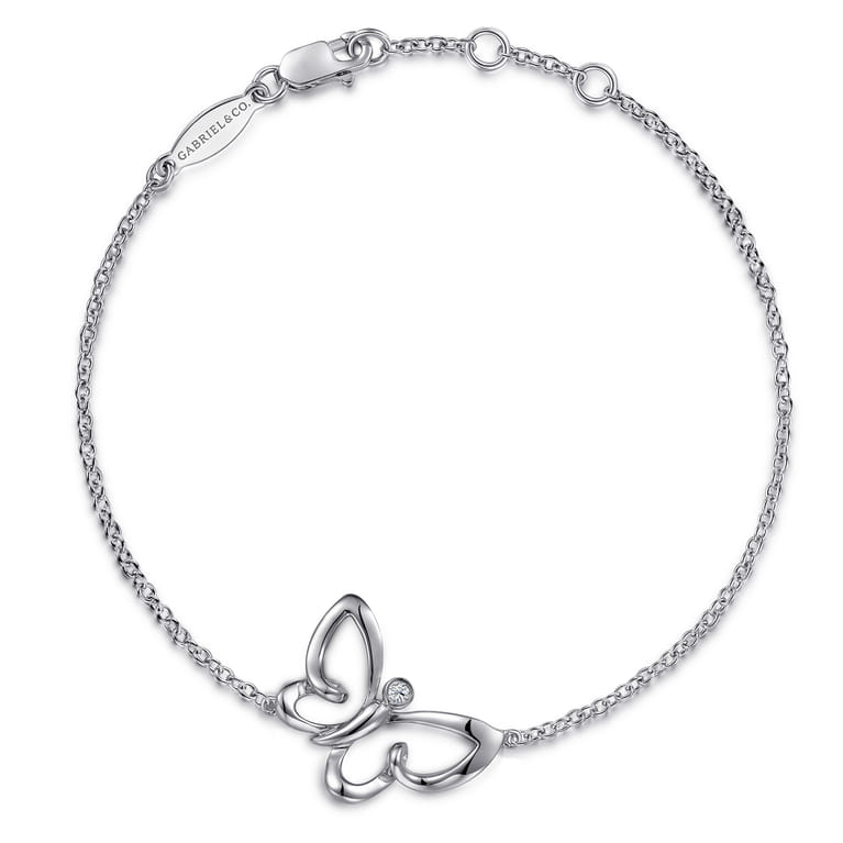 Butterfly - Sterling Silver Chain Bracelet with White Sapphire Butterfly Charm - Shot 1